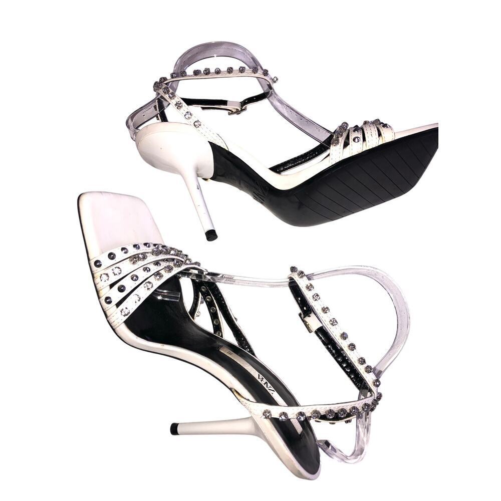 Zara Studded High Heel Sandals Size 38 White Silver Crystals Square Toe 7.5 US
